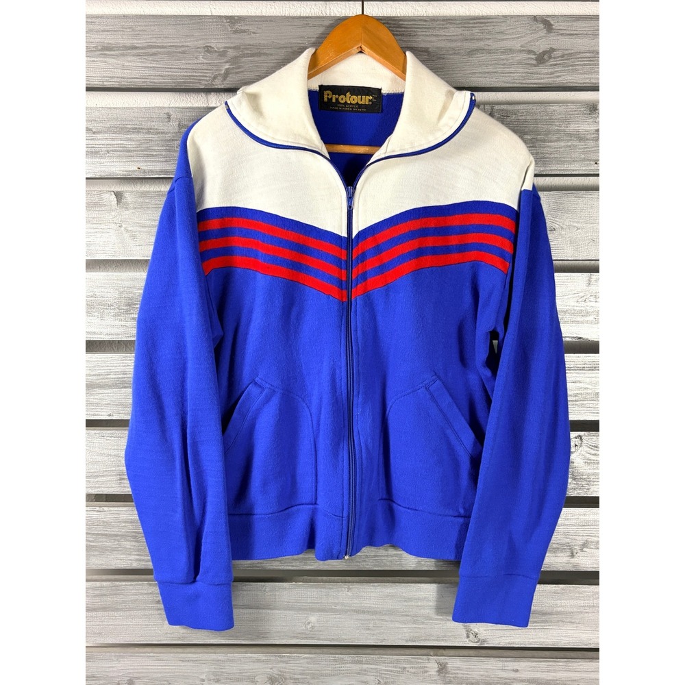 Vintage 70s 80s Tennis Track Jacket Mens L/M Blue White Red Stripe Zip Up Korea